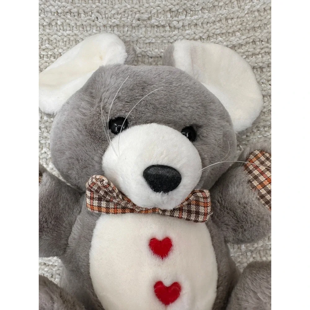 Mouse‎ Plush Stuffed Animal Grey White Plaid Hearts Lovey Kids Toy Nursery Decor